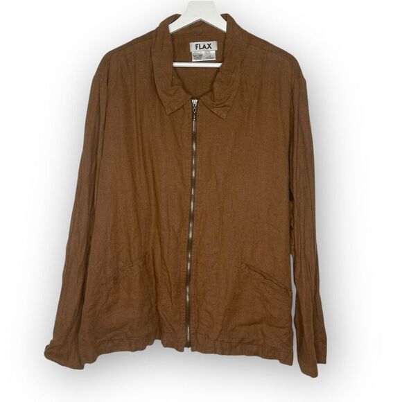FLAX Brown Woven 100% Linen Full Zip Blazer Jacket Top Lagenlook Women’s Large - Picture 1 of 11